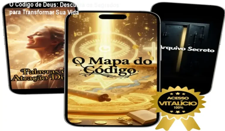 Tela digital mostrando benefícios do curso O Código de Deus com botão de acesso