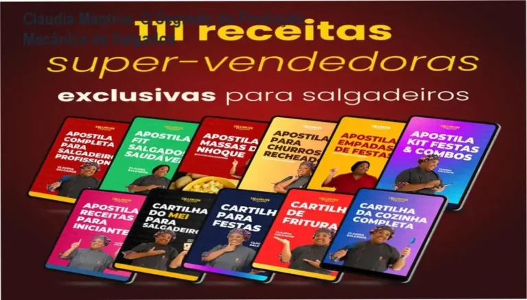 Visão interna detalhada do material didático do Combo de Receitas de Salgados Milionárias de Cláudia Maqtiva