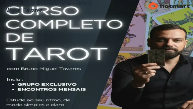 Curso Completo de Tarot de Bruno Miguel Tavares mostrando aulas, mentorias e certificado de conclusão
