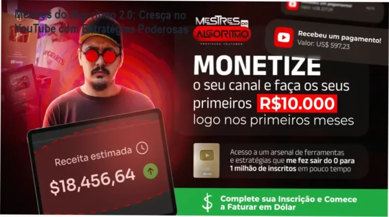 Imagem ilustrativa de um canal do YouTube com estatísticas de crescimento e ícones de monetização digital.