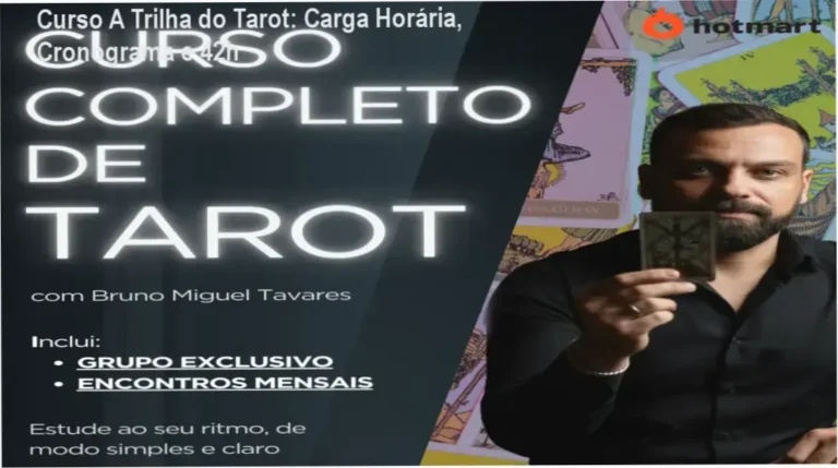 Curso A Trilha do Tarot de Bruno Miguel Tavares mostrando cronograma de estudos e carga horária de 42 horas