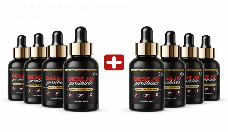 Frasco de Desejo Proibido ao lado de gotas sublinguais, representando energia e revitalização da libido feminina