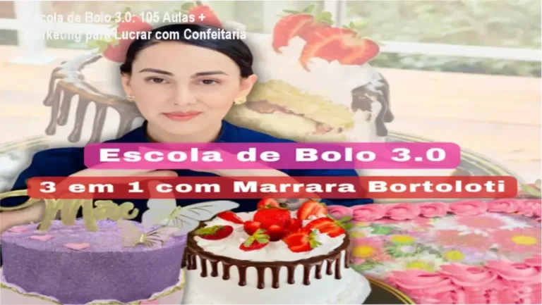 Plataforma online Escola de Bolo 3.0 com módulos de confeitaria, mini tortas e estratégias de marketing