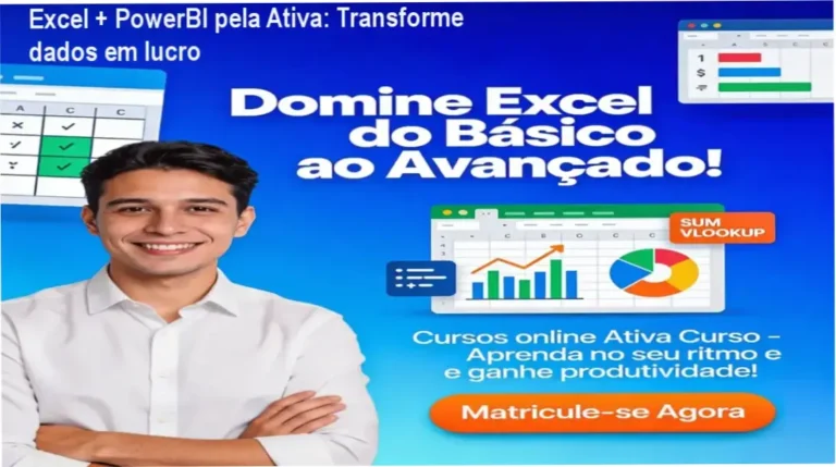 Excel + PowerBI pela Ativa: bastidores do curso, mostrando aulas práticas, certificação e carteirinha de estudante