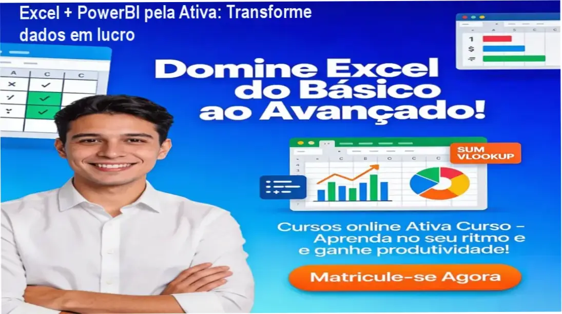 Excel + PowerBI pela Ativa: bastidores do curso, mostrando aulas práticas, certificação e carteirinha de estudante