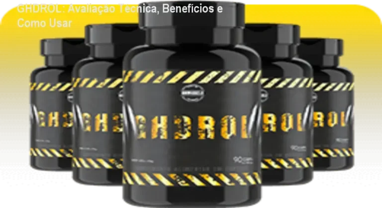 Frasco de GHDROL ao lado de cápsulas, destacando sua fórmula para hipertrofia e energia