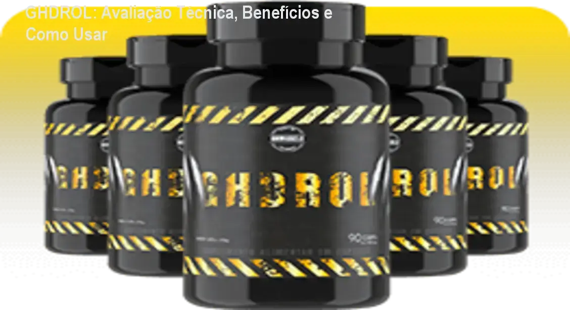 Frasco de GHDROL ao lado de cápsulas, destacando sua fórmula para hipertrofia e energia