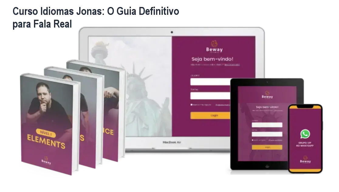 Plataforma completa Beway 2.0 com professor Jonas, metodologia em 3 níveis e depoimentos de alunos reais