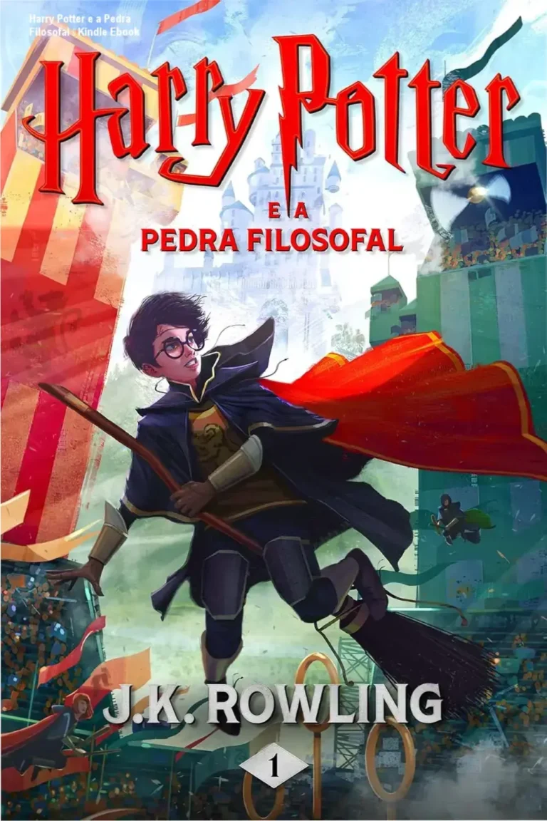 Imagem da capa do Ebook Harry Potter e a Pedra Filosof762 no português, mostrando o escudo de Hogwarts em púrpura e letras verdes esmeralda