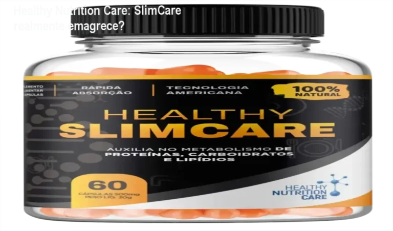 Frasco de SlimCare da Healthy Nutrition Care ao lado de cápsulas, representando o suplemento modulador metabólico