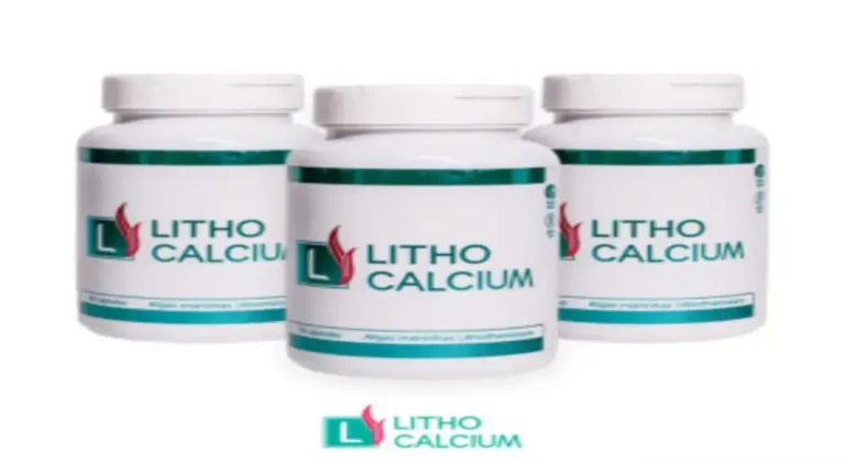 Frasco de Litho Calcium com cápsulas e pó, destaque para oferta e cupons