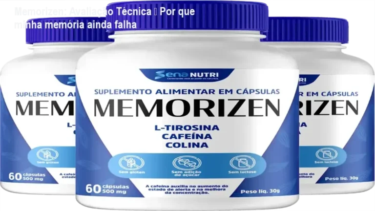Frasco de Memorizen ao lado de anotações sobre foco e memória, mostrando benefícios e avisos