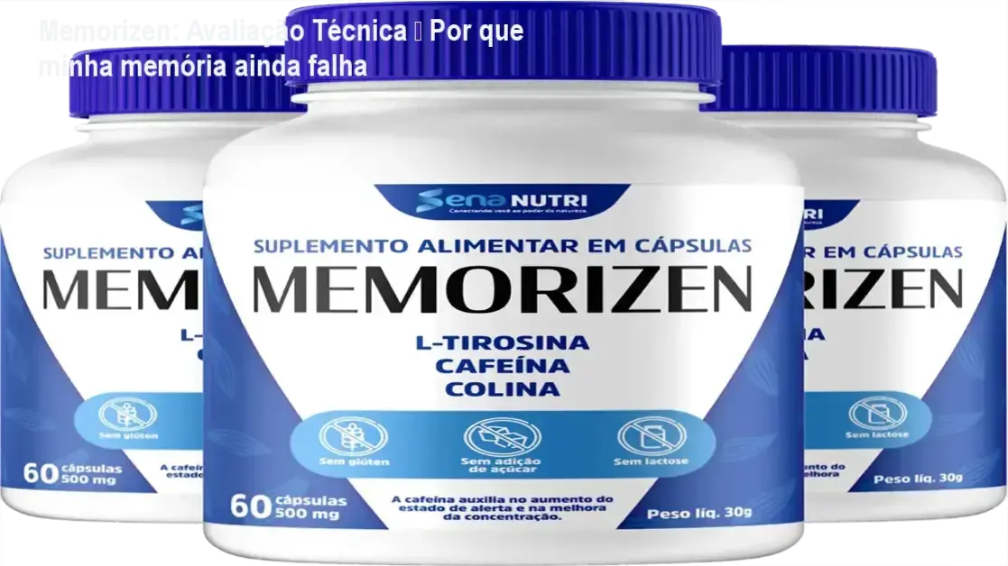 Frasco de Memorizen ao lado de anotações sobre foco e memória, mostrando benefícios e avisos
