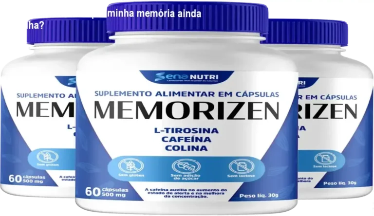 Frasco de Memorizen ao lado de um cérebro estilizado, representando foco e memória em busca de clareza mental