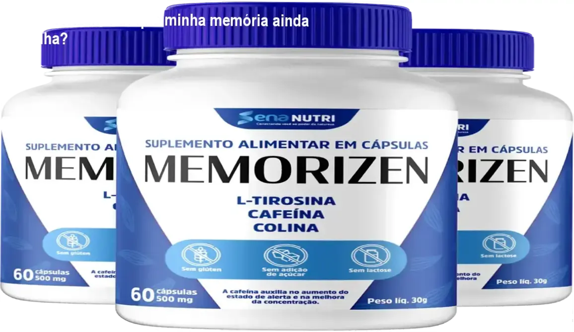 Frasco de Memorizen ao lado de um cérebro estilizado, representando foco e memória em busca de clareza mental