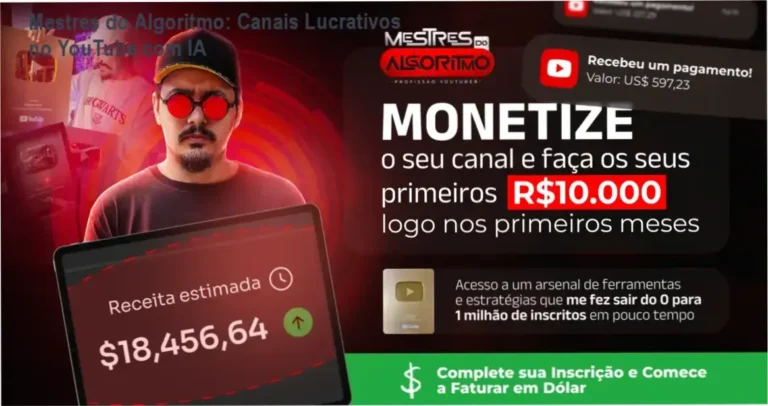 Captura de tela mostrando interface do curso Mestres do Algoritmo com módulos de automação e IA para criação de canais