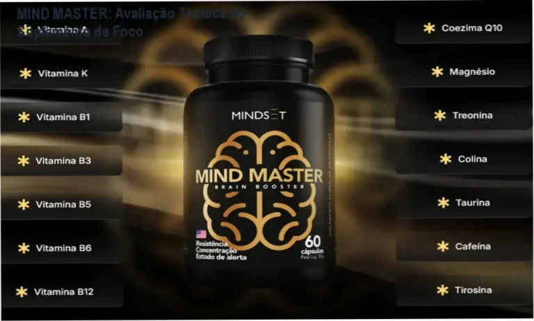 Cápsulas de suplemento MIND MASTER com promessa de clareza mental e foco sustentado