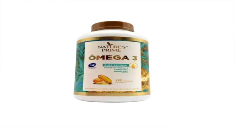 Frasco de Ômega 3 Nature's Prime mostrando cápsulas e destaque para saúde cardiovascular, articular e cognitiva