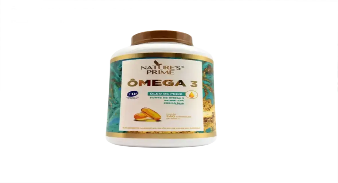 Frasco de Ômega 3 Nature's Prime mostrando cápsulas e destaque para saúde cardiovascular, articular e cognitiva