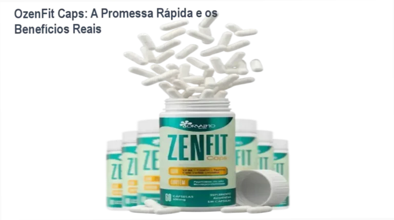 Imagem do OzenFit Caps com destaque para os ingredientes principais e benefícios de emagrecimento.