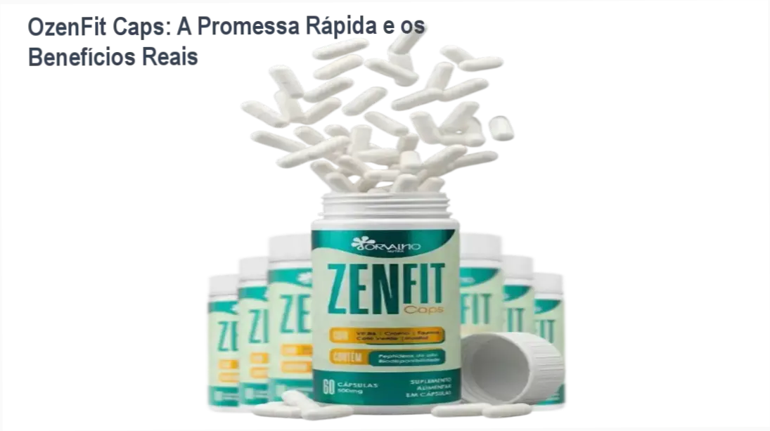 Imagem do OzenFit Caps com destaque para os ingredientes principais e benefícios de emagrecimento.