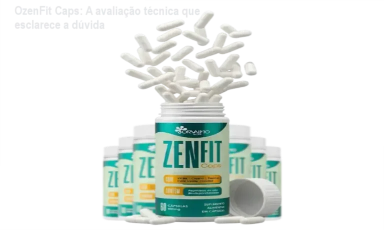 Frasco de OzenFit Caps sobre uma balança e fita métrica, indicando emagrecimento natural