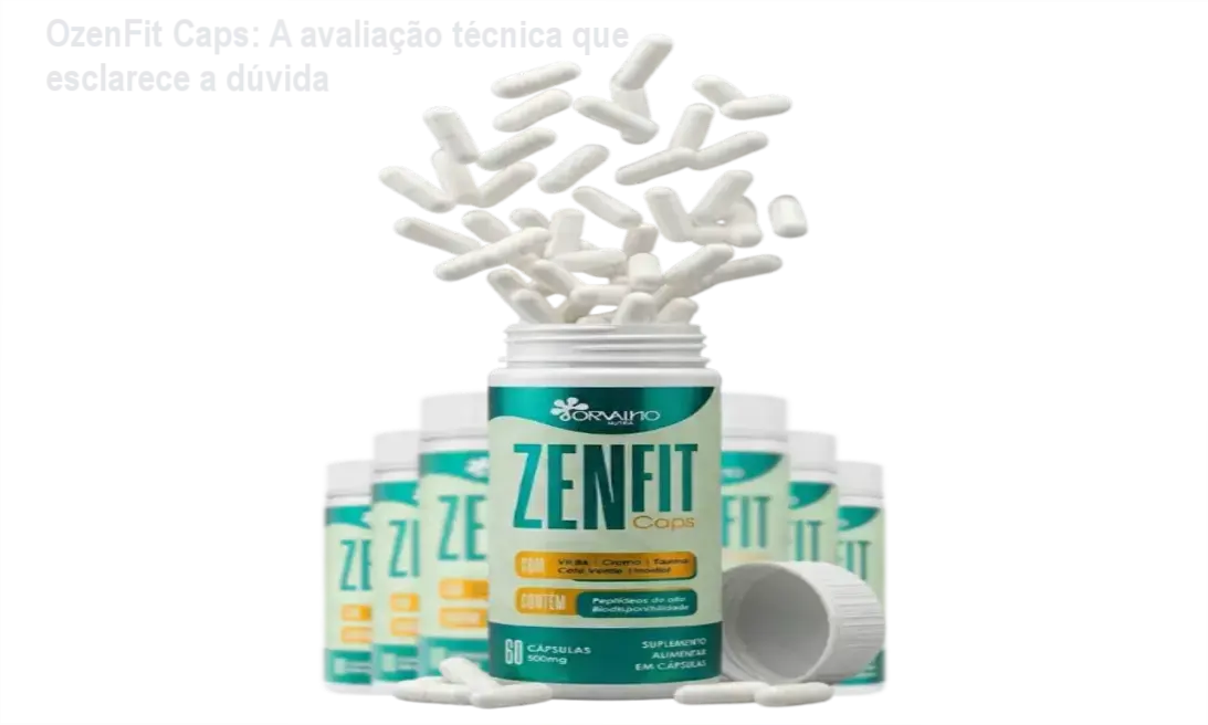 Frasco de OzenFit Caps sobre uma balança e fita métrica, indicando emagrecimento natural