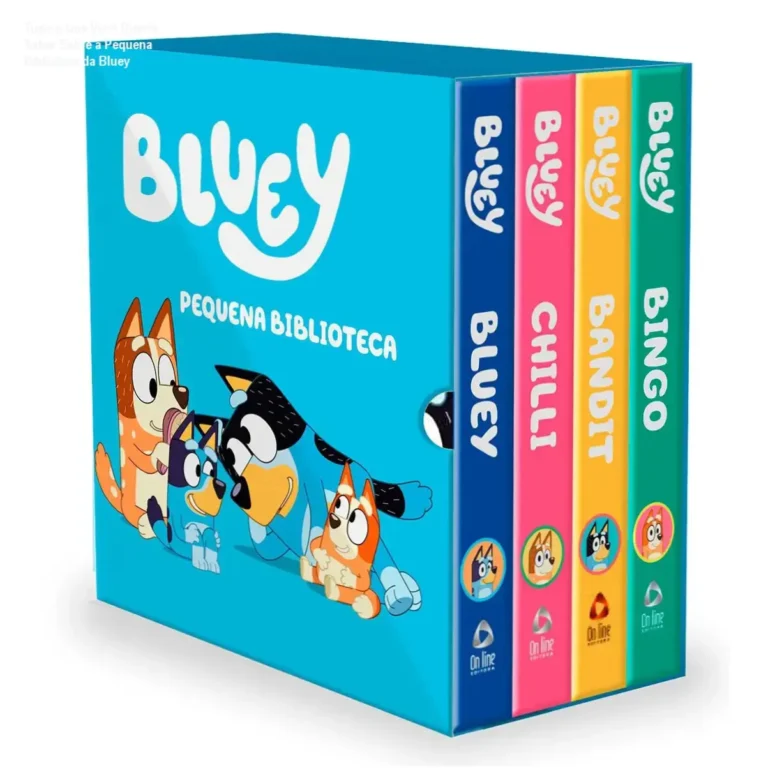 Caixa com os 4 livros infantis da série Bluey, ilustrada com detalhes coloridos