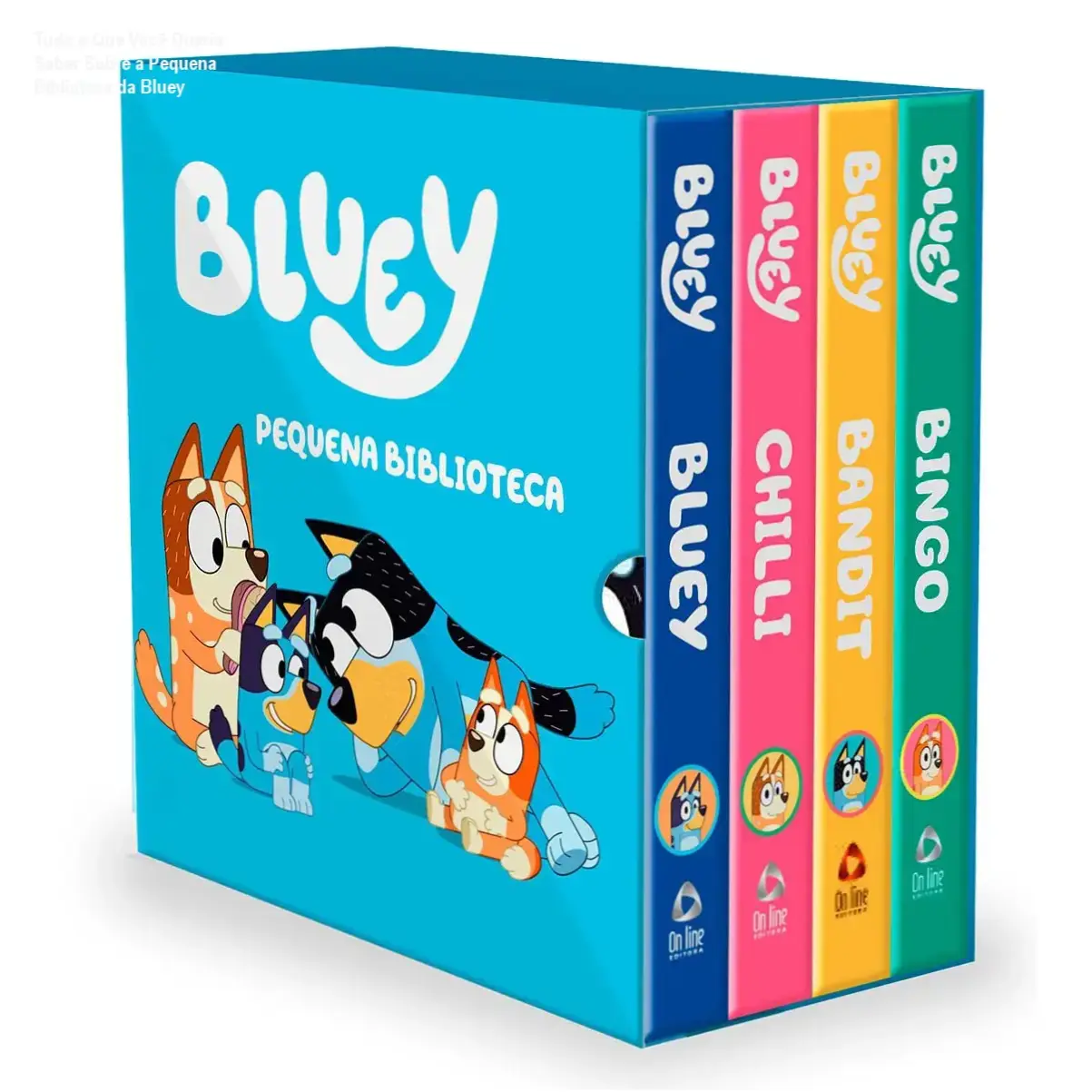 Caixa com os 4 livros infantis da série Bluey, ilustrada com detalhes coloridos