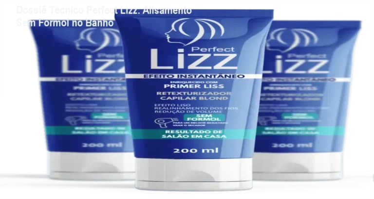 Frasco de Perfect Lizz ao lado de cabelo liso e brilhante após uso no chuveiro