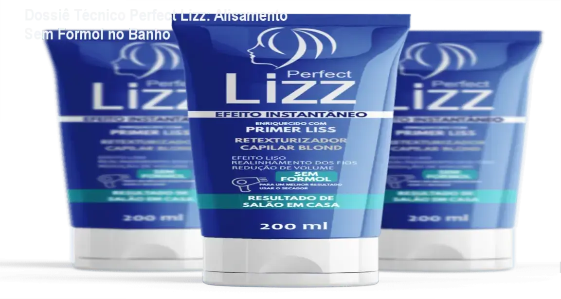 Frasco de Perfect Lizz ao lado de cabelo liso e brilhante após uso no chuveiro