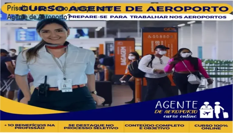 Imagem de Priscila Loren apresentando o Curso Online de Agente de Aeroporto, destacando módulos de treinamento e suporte