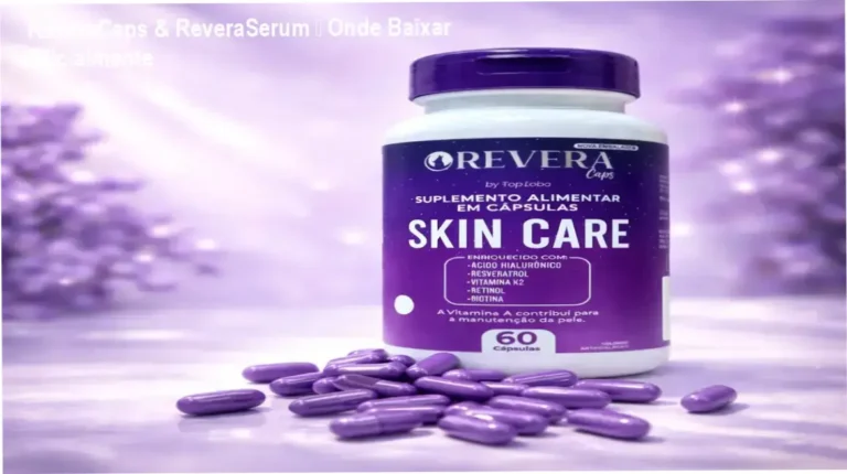 Foto do ReveraCaps e ReveraSerum em embalagem oficial, destacando a combinação de cápsulas e sérum para cuidados estéticos.