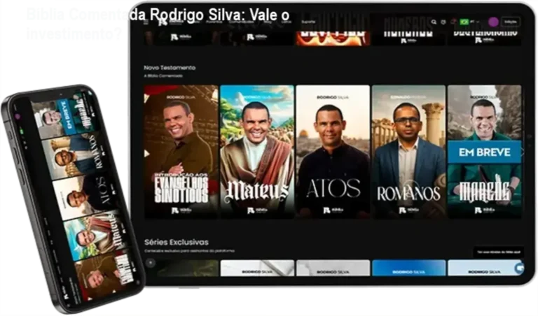 A Bíblia Comentada por Rodrigo Silva com interface de app e elementos simbolizando acadêmico e tecnologia