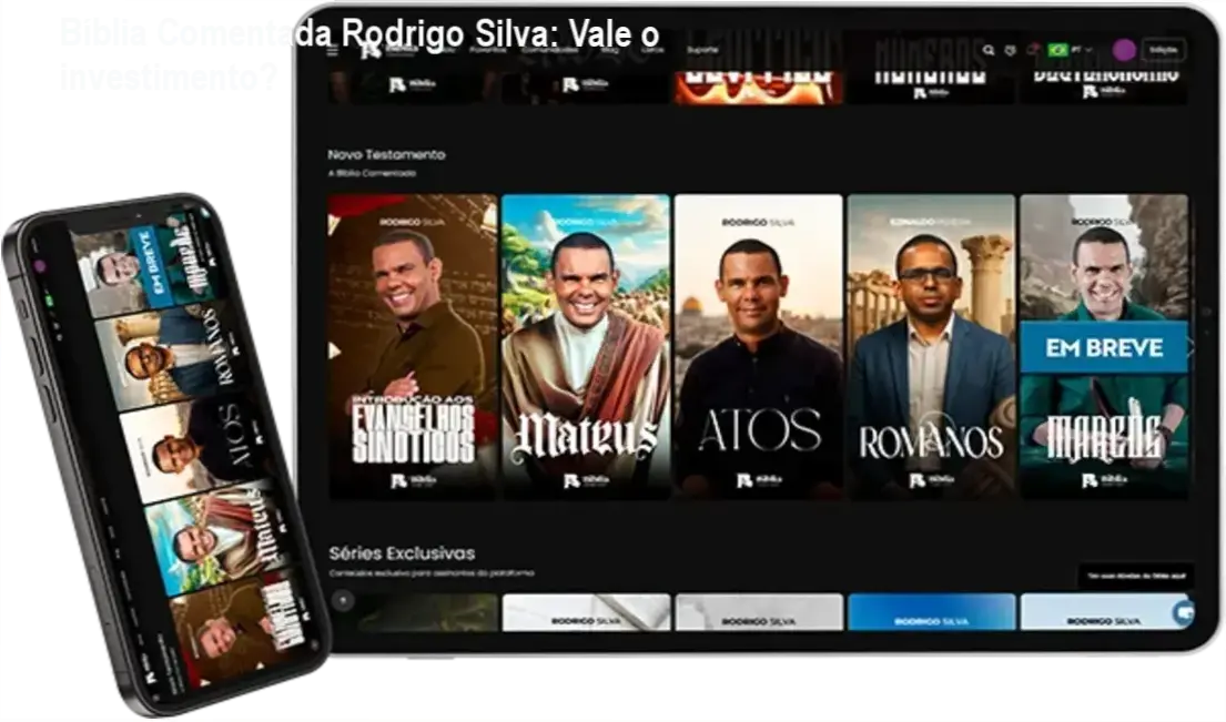 A Bíblia Comentada por Rodrigo Silva com interface de app e elementos simbolizando acadêmico e tecnologia