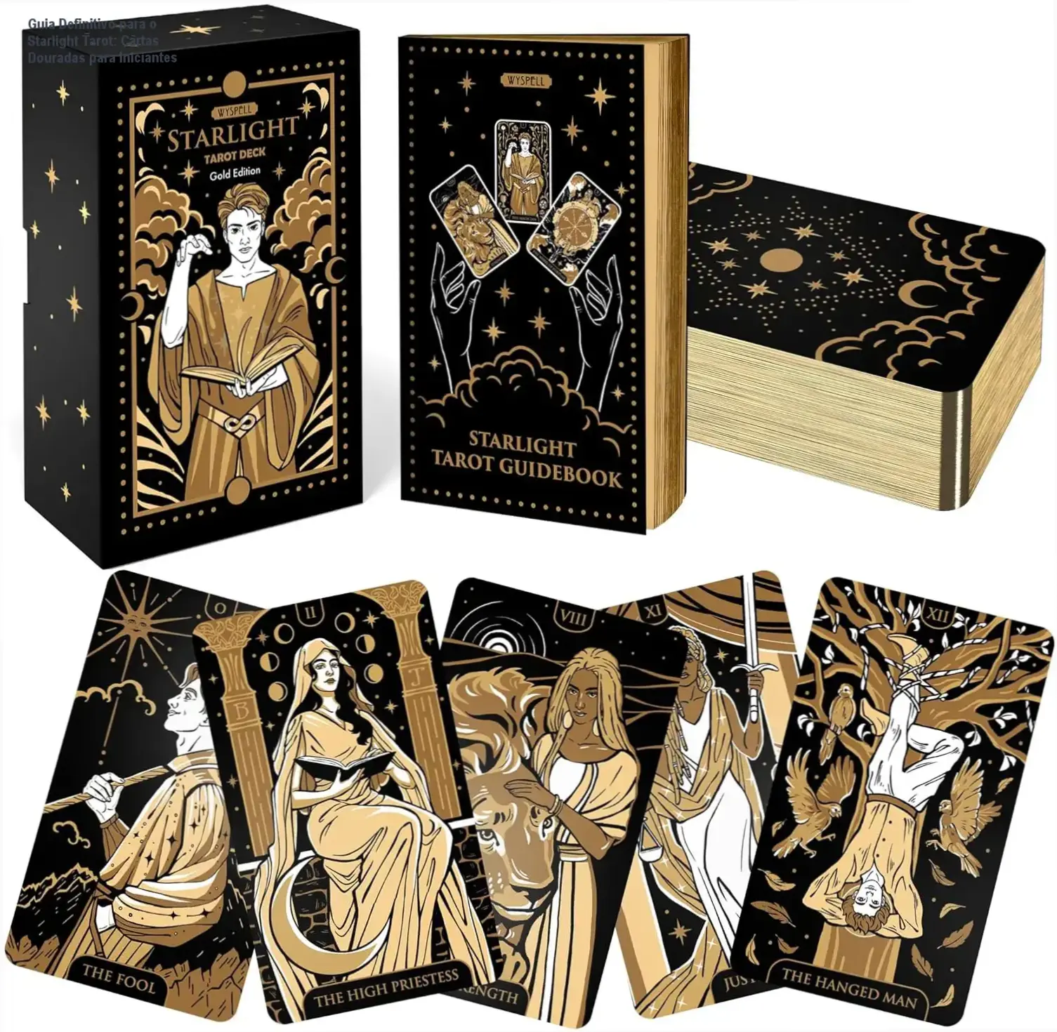 Baralho de tarô dourado com acabamento fosco e livro digital em destaque, ideal para adivinhação iniciática.