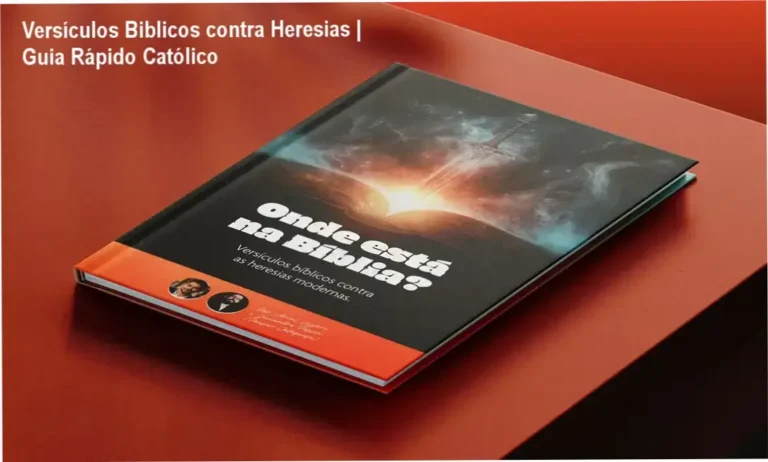 Página do eBook 'Versículos Bíblicos contra Heresias Modernas' com destaque para o título e descrição de benefícios em fundo religioso.