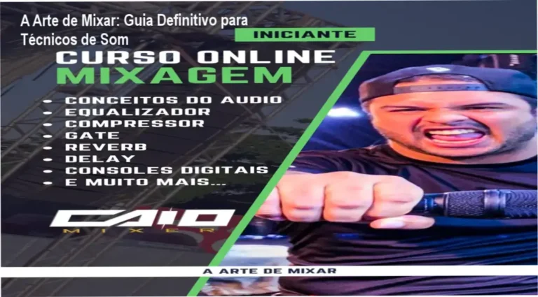 Representação visual de um técnico de som operando uma mesa de mixagem profissional em um show ao vivo.