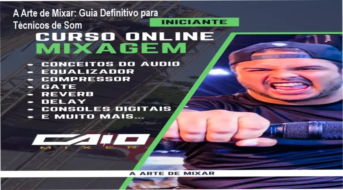 Representação visual de um técnico de som operando uma mesa de mixagem profissional em um show ao vivo.