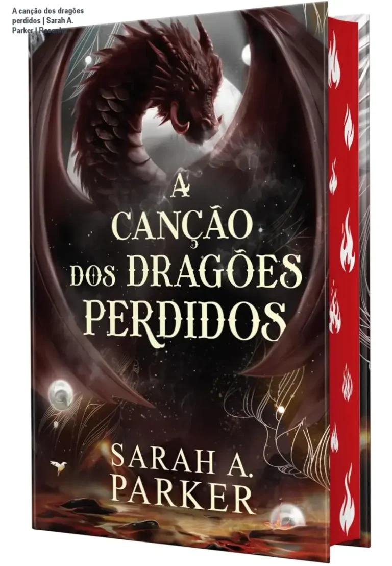 Capa dura da obra A canção dos dragões perdidos em destaque, com detalhes da pintura trilateral