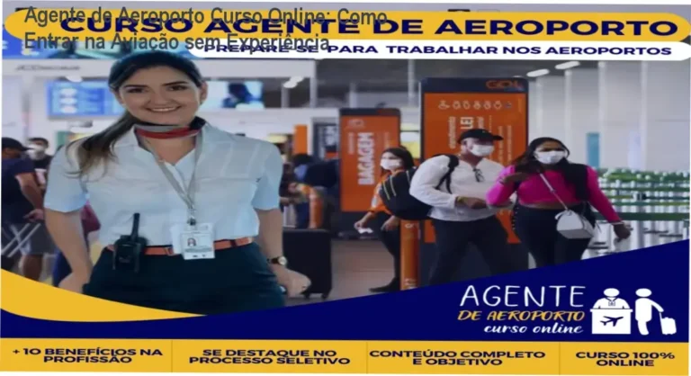 Tela do curso Agente de Aeroporto mostrando módulos de rotina aeroportuária e preparação para entrevistas em companhias aéreas