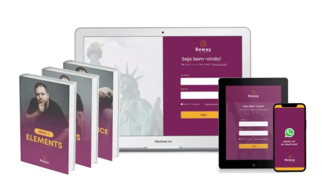 Interface do curso Beway 2.0 do Professor Jonas com foco em módulos de conversação e fluência