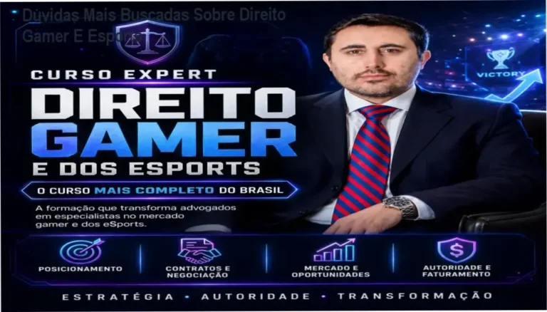 Capa do Curso Expert em Direito e Esports com destaque para modelos jurídicos e aulas online.