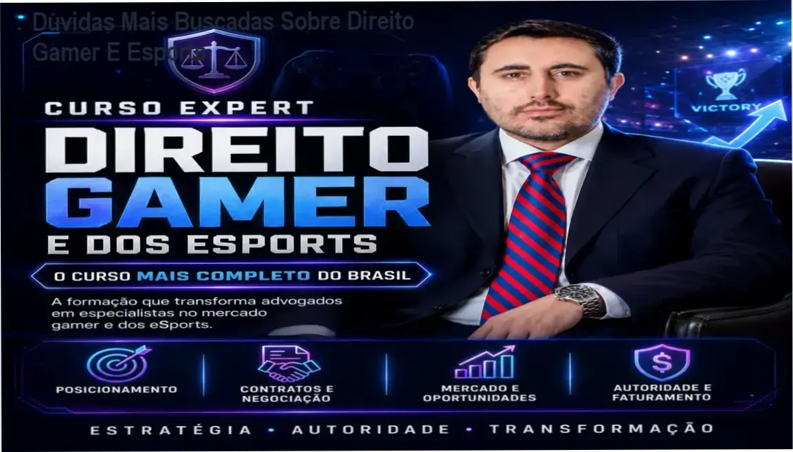 Capa do Curso Expert em Direito e Esports com destaque para modelos jurídicos e aulas online.