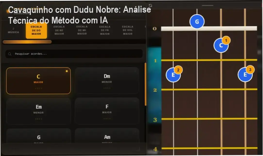 Interface do curso de Cavaquinho com Dudu Nobre mostrando o sistema de correção por IA
