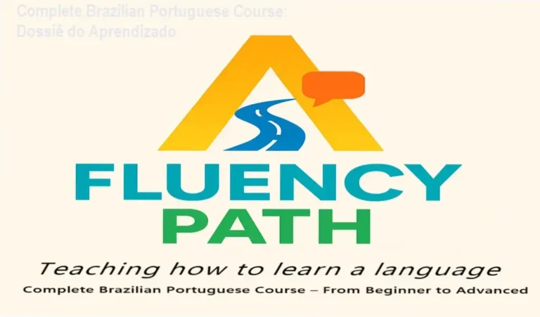 Representação visual do método de estudo Complete Brazilian Portuguese Course incluindo apostilas de níveis iniciante ao avançado