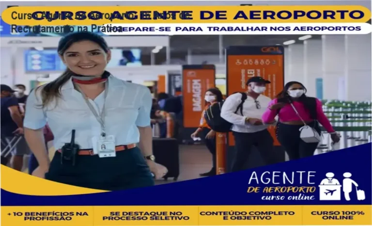 Dashboard do Curso Agente de Aeroporto Online exibindo módulos de rotinas operacionais e bônus de preparação para entrevistas