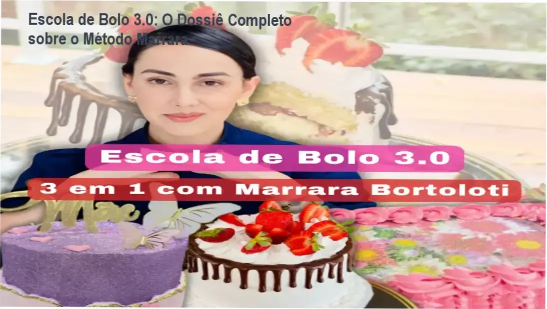 Kit de confeitaria profissional com bolos decorados e mini tortas representando o método Escola de Bolo 3.0 da Marrara Bortoloti