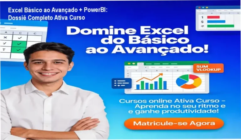Interface de aprendizado do curso de Excel e PowerBI da Ativa Curso com dashboard de dados