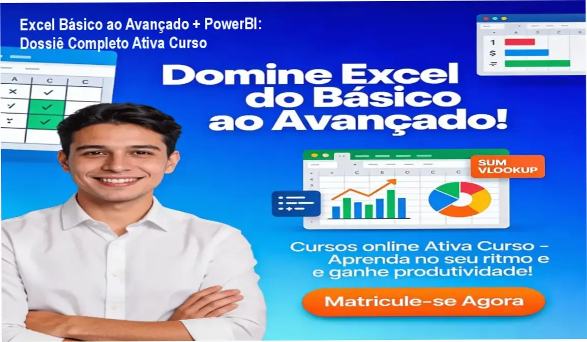 Interface de aprendizado do curso de Excel e PowerBI da Ativa Curso com dashboard de dados